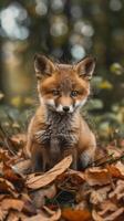 Red fox kit sitting in a pile of leaves photo