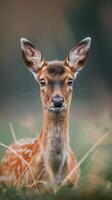 A young fawn looks directly at the camera from within a patch of grass photo