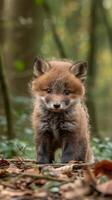 A young fox kit stands in a forest, looking at the camera with curiosity photo