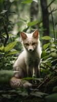Arctic fox with white fur sits in a forest, looking curiously at the camera photo