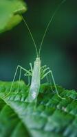 A green mantis sits on a large leaf photo