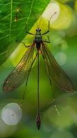 A vibrant green lacewing with delicate wings perches on a leaf photo