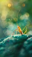 Grasshopper perched on leaf, glowing in sunlight photo