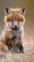 A red fox kit sits in a field of tall grass photo