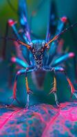 A close-up of a beetle with bright blue wings photo