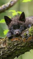A black fox kit naps on a mossy tree branch photo