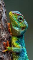 A vibrant blue and green lizard clinging to a tree trunk photo