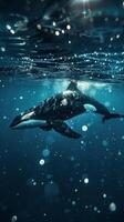 Orca swimming underwater in a blue ocean photo