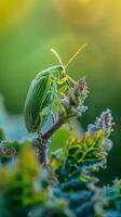 A green beetle perched on a stem with soft morning light photo