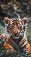A baby tiger looks at the camera while hiding in the green grass photo