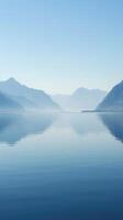 A tranquil lake reflects the silhouette of mountains under a hazy sky photo