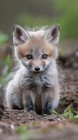 A young fox kit sits on the forest floor, looking up at the camera with curious eyes photo