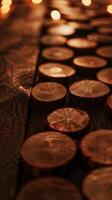 Wooden rounds arranged on a dark wood tabletop, illuminated by candlelight photo