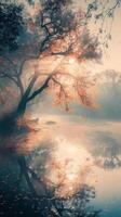 A tree stands tall, branches reaching for morning mist over river photo