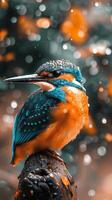 A colorful kingfisher sits on a branch, rain falling around it photo