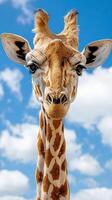 A giraffe with a curious expression looks up at the sky photo