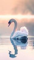 A swan gracefully floats on still water, its reflection mirrored in the tranquil surface photo