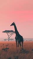 Silhouette of a giraffe against a pink sunset photo