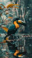 A toucan with vibrant colors sits on a rock in a jungle pool photo