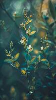 A close-up of a slender branch with white blossoms and green leaves photo