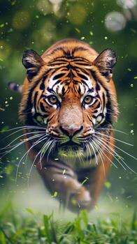 un de cerca de un de tigre cara como eso camina mediante un vibrante verde bosque foto