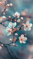 Blooming white flowers with soft petals on a branch against a pastel blue background photo
