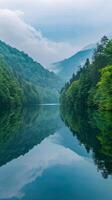 A still lake reflects the cloudy sky and lush green mountains photo