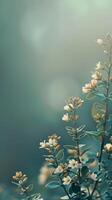 White flowers bloom on a branch against a blurred green background photo