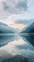 Calm water reflects the clouds and sky at sunset photo