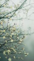 A gentle breeze stirs white blossoms on a foggy morning photo