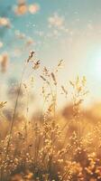 Sunbeams illuminate a field of swaying grass photo