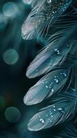 Feathers with dew drops on a teal background photo
