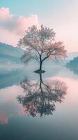 A lone tree with pink blossoms reflects the beauty of dawn in the lake photo
