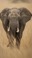 An African elephant walks through grass at sunset photo