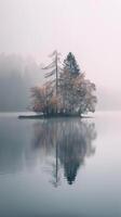 A solitary island emerges from a foggy lake, its trees reflecting in the tranquil water photo