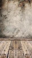 Worn concrete wall with exposed brick and weathered wood floor photo