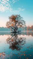 un soltero árbol refleja en un calma lago foto