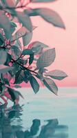 Leaves hanging over a blue and pink water surface photo