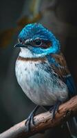 A small bluebird with a bright blue head and white underparts perches on a branch photo