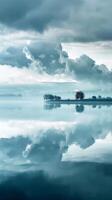Misty lake with a small island and reflection of clouds photo