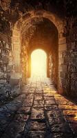 A stone archway opens to reveal a bright light photo