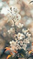 White flowers bloom against a soft, blurred background photo