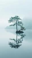 A single pine tree stands on a small island in a misty lake photo