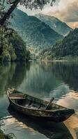 un solitario barco descansa en el todavía agua, reflejando el rodeando montaña picos foto