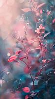 Soft pink leaves and flowers in a misty forest photo