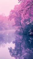 Pink trees and fog reflect in a still lake photo