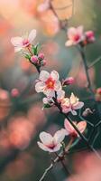 Peach blossoms with pink petals, a blurred background, and soft, warm light photo