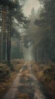 A misty path winds through a dense forest of tall pines photo
