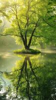 A tree on a small island reflects perfectly in still water photo