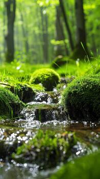 Sparkling water flows through a mossy forest stream photo